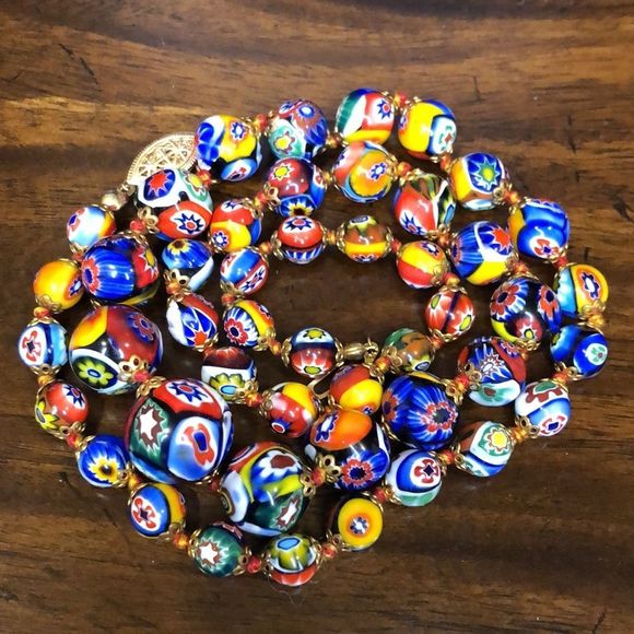 VINTAGE Graduated Millefiori Italian Hand Blown Glass Bead Necklace 24” - Picture 1 of 15